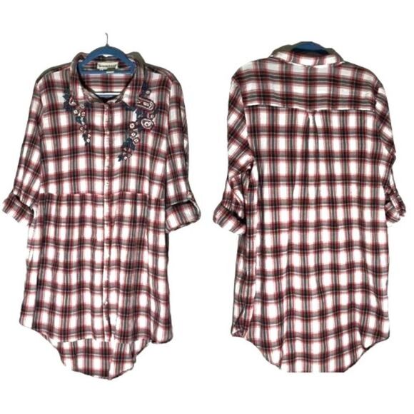Seventh Avenue Tops - Seventh Avenue Red White Plaid Empire Waist Button-Down Shirt Floral Embroidery